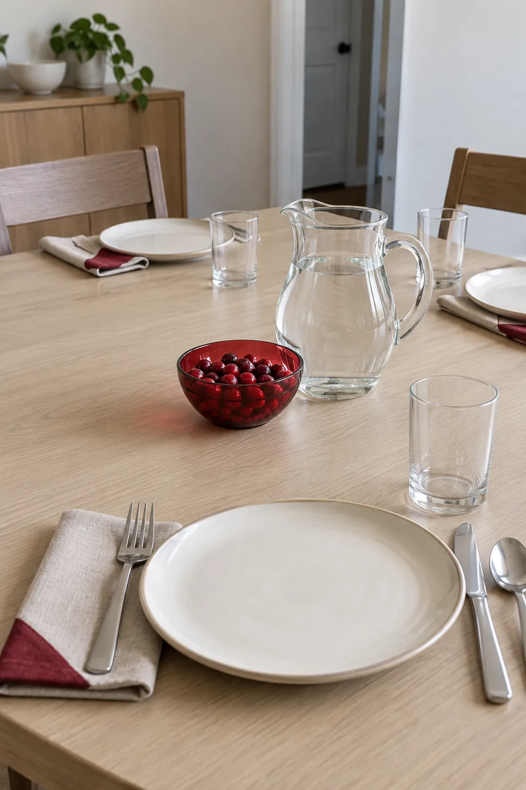 A restrained cranberry colored Thanksgiving accent in one glass bowl, paired with a clear pitcher and neutral dishes.