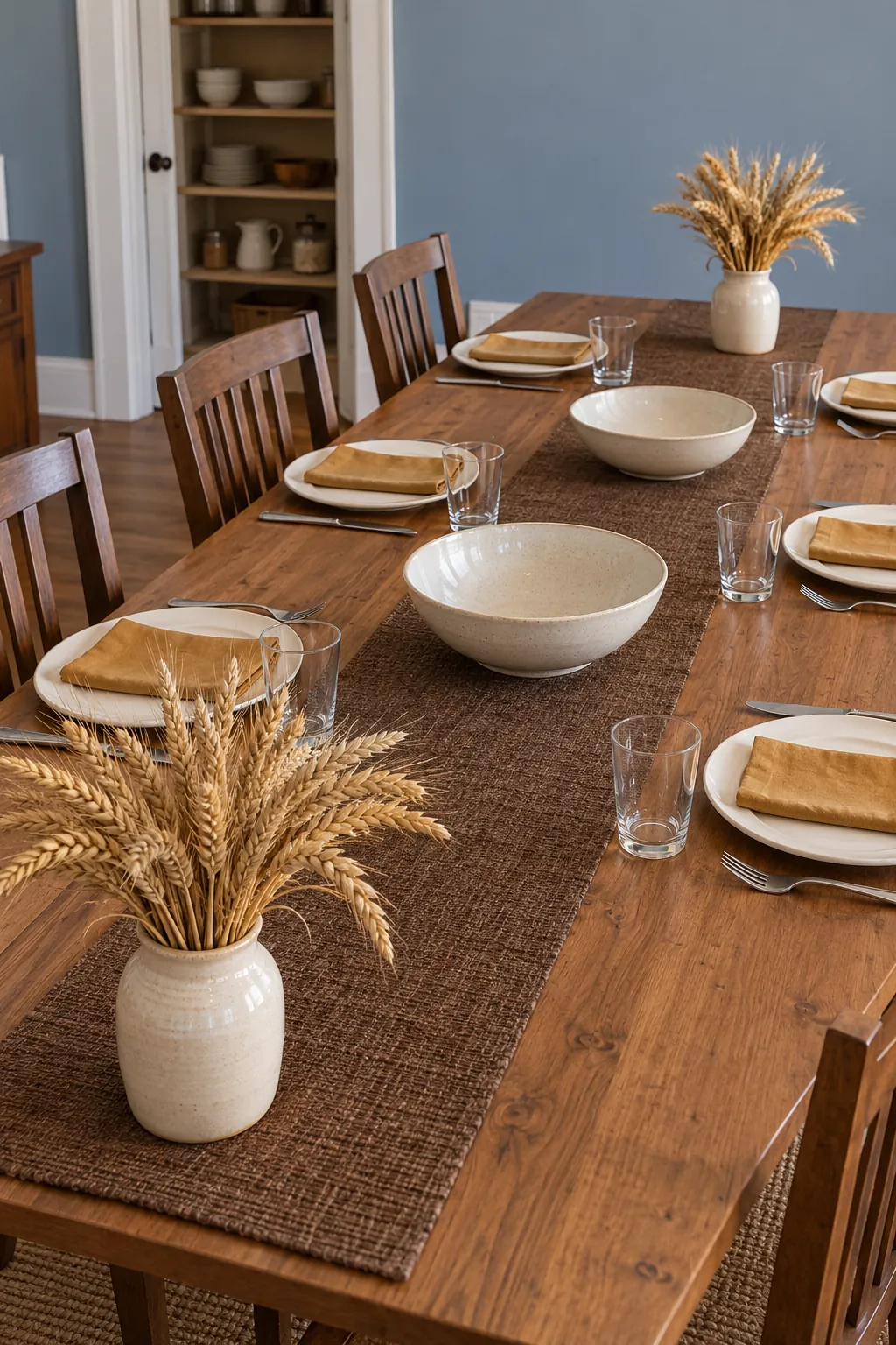A long Thanksgiving table framed by two short wheat bundles at its ends, with a clear middle for serving bowls.