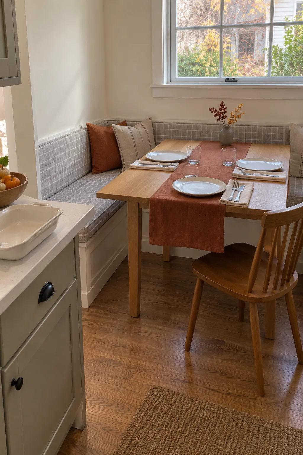 A small Thanksgiving meal setting in a breakfast nook with a tiny wall side vase and a clear bench entry.