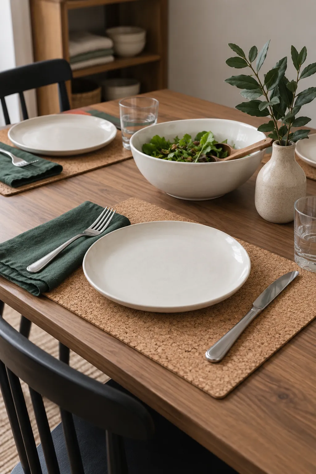 A reusable Thanksgiving table setting built from cork mats, washable linen, and one small pottery vase.