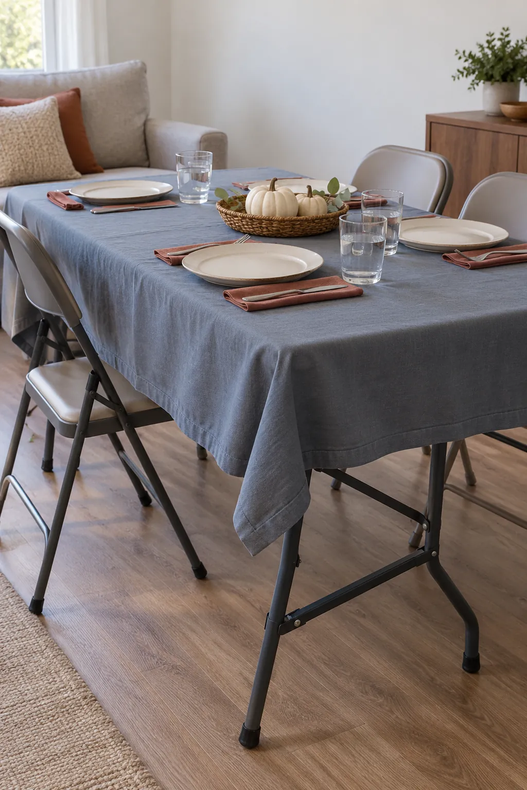 A stable folding table prepared for Thanksgiving with a finished cloth and one lightweight moveable centerpiece.