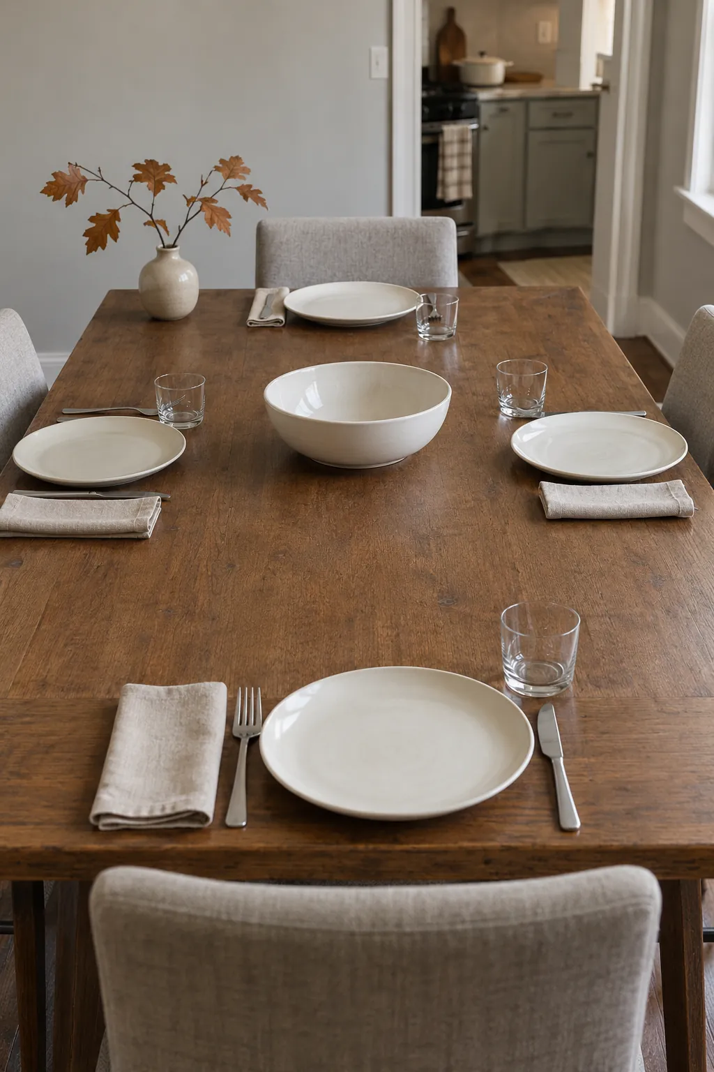 A restrained Thanksgiving table with bare wood, plain dishes, and one small seasonal branch at the end.