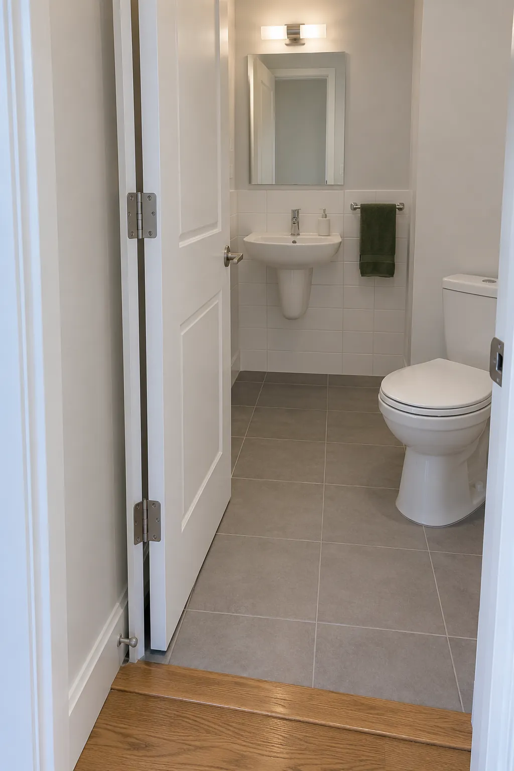 Show the hinge side of an inward opening bathroom door that rests beside a clear wall, with the toilet on the other side of the entrance and beyond the moving leaf.