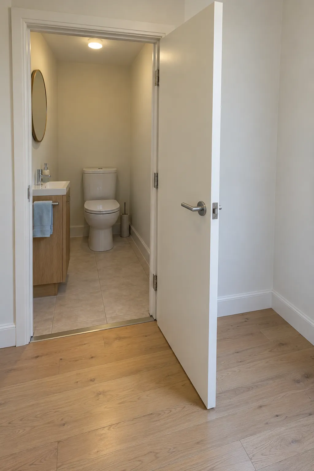 Record the hall side of an outward opening bathroom door, showing a genuinely clear landing and the retained toilet inside the room.