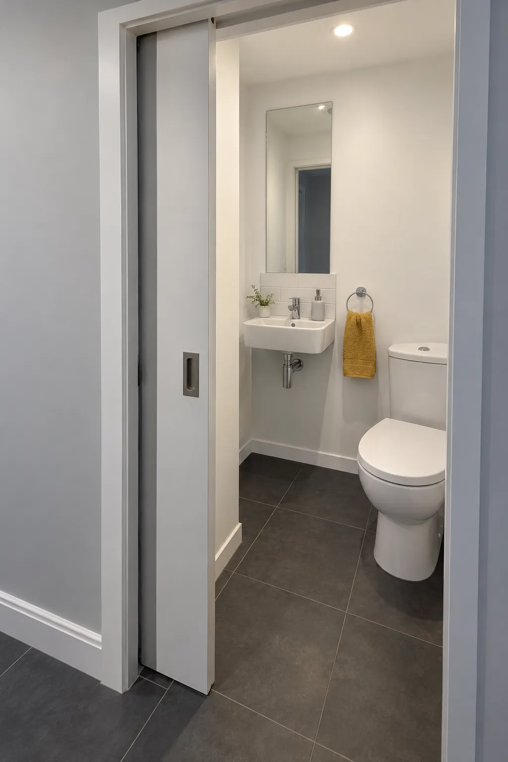Demonstrate a pocket entrance in an apartment powder room with no inward door movement over the toilet approach, while making the wall receiving the slab visibly believable.