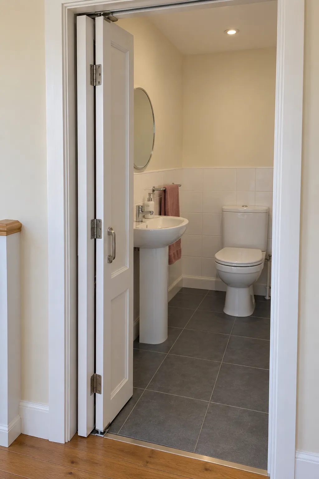 Photograph a properly installed folding bathroom entry with its compact folded stack visible, showing that the opening still has a real remaining passage.