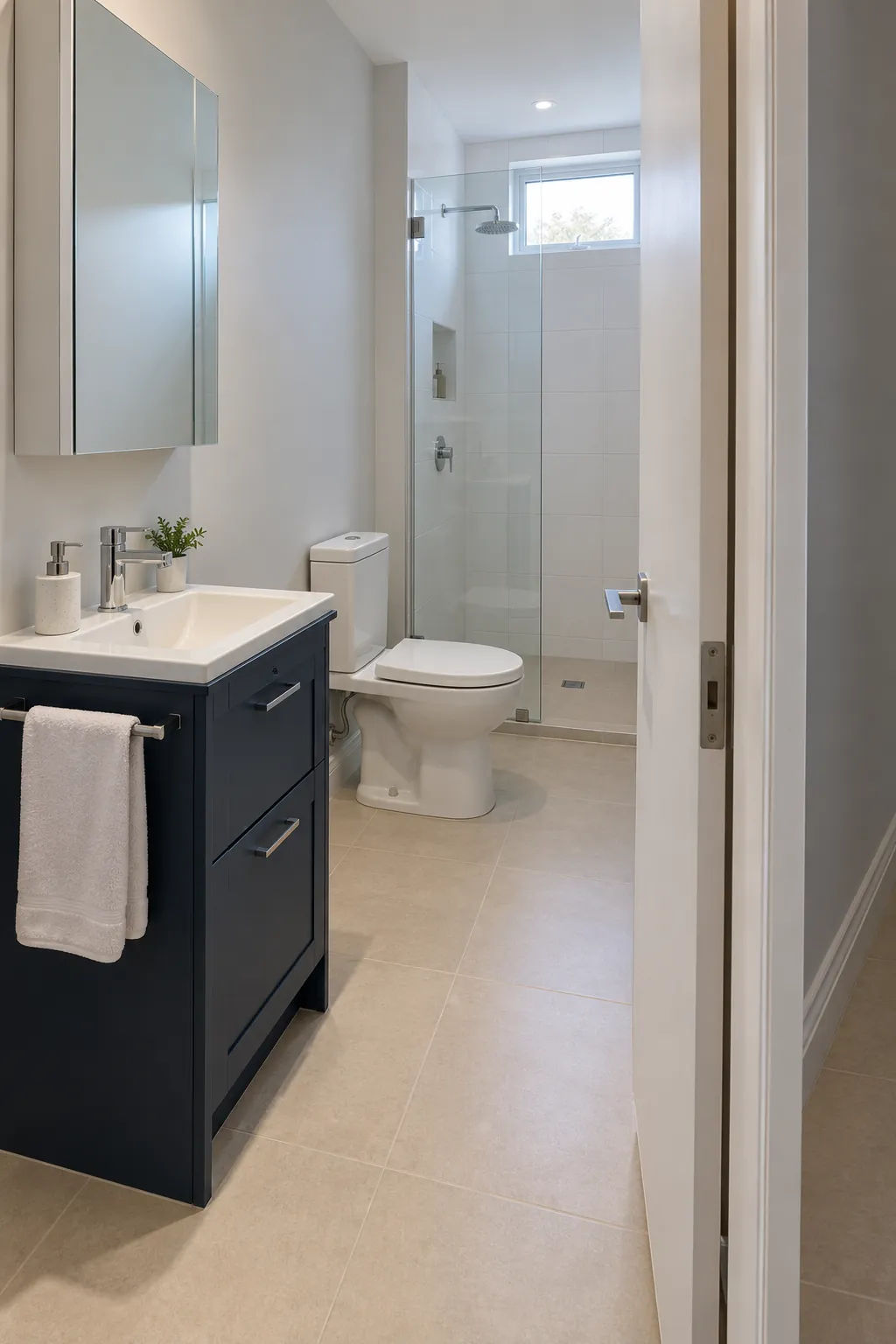 Demonstrate a side entrance arriving beside the basin rather than facing the toilet, with the length of the small bathroom legible from the actual doorway.