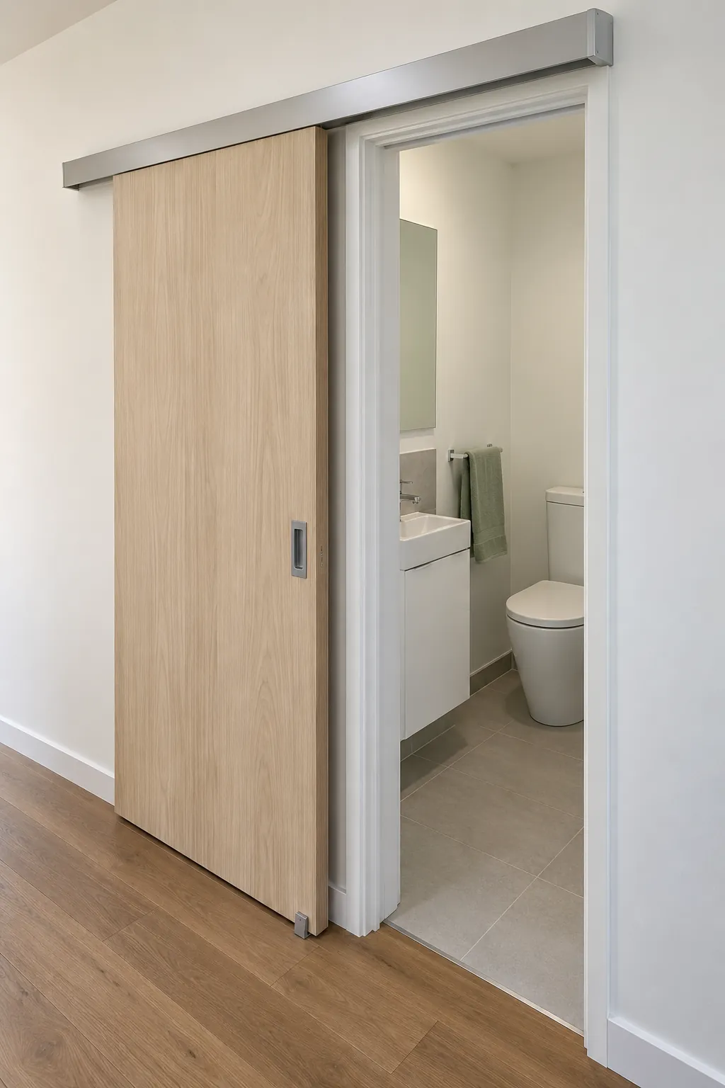 Show a surface mounted sliding bathroom door with a stable guide and clear hallway wall, focusing on the real exterior mechanism and overlap rather than a swinging bathroom leaf.