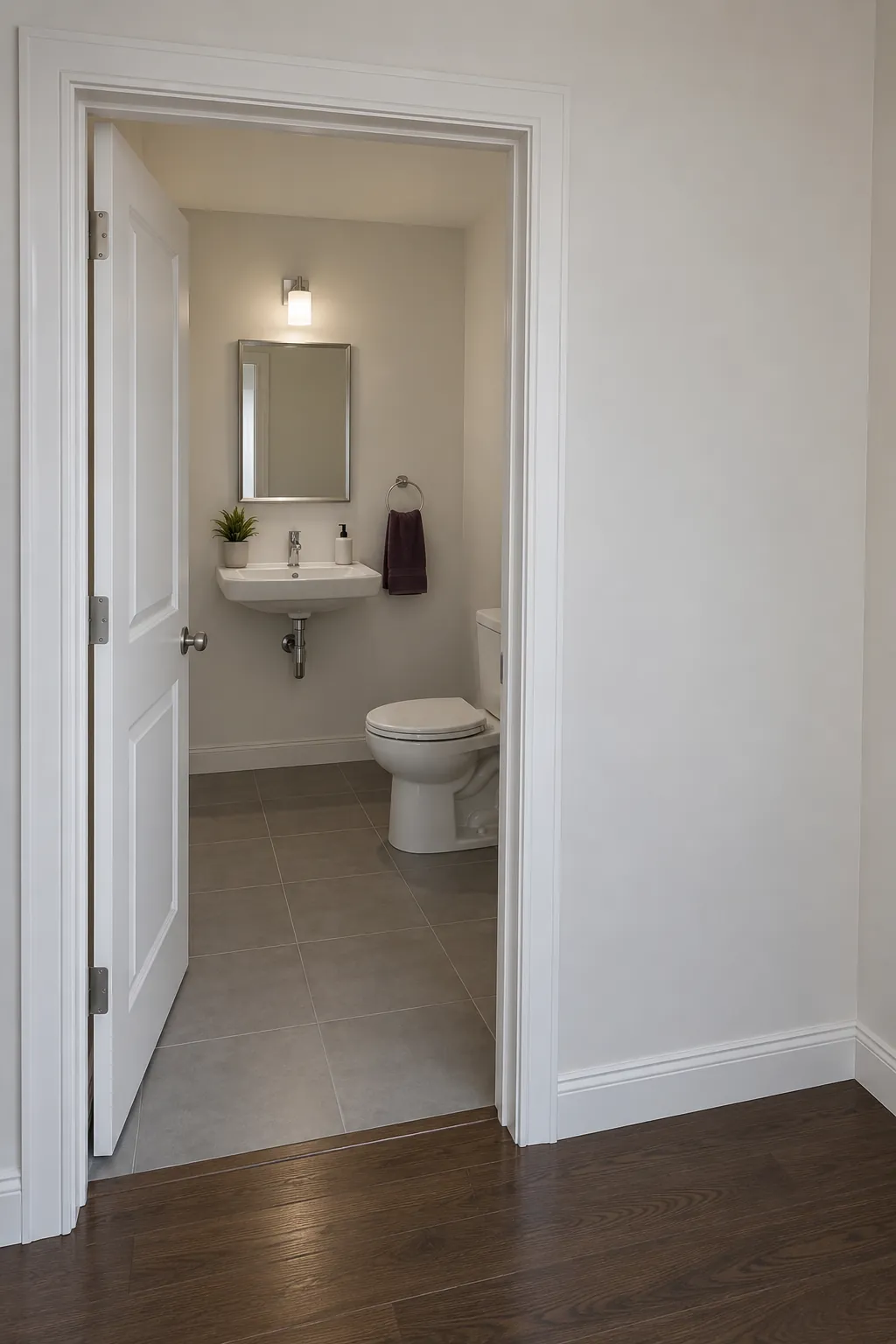 Show an offset entry on a bathroom front wall, with the arrival route beside the toilet instead of directly into its projecting bowl.