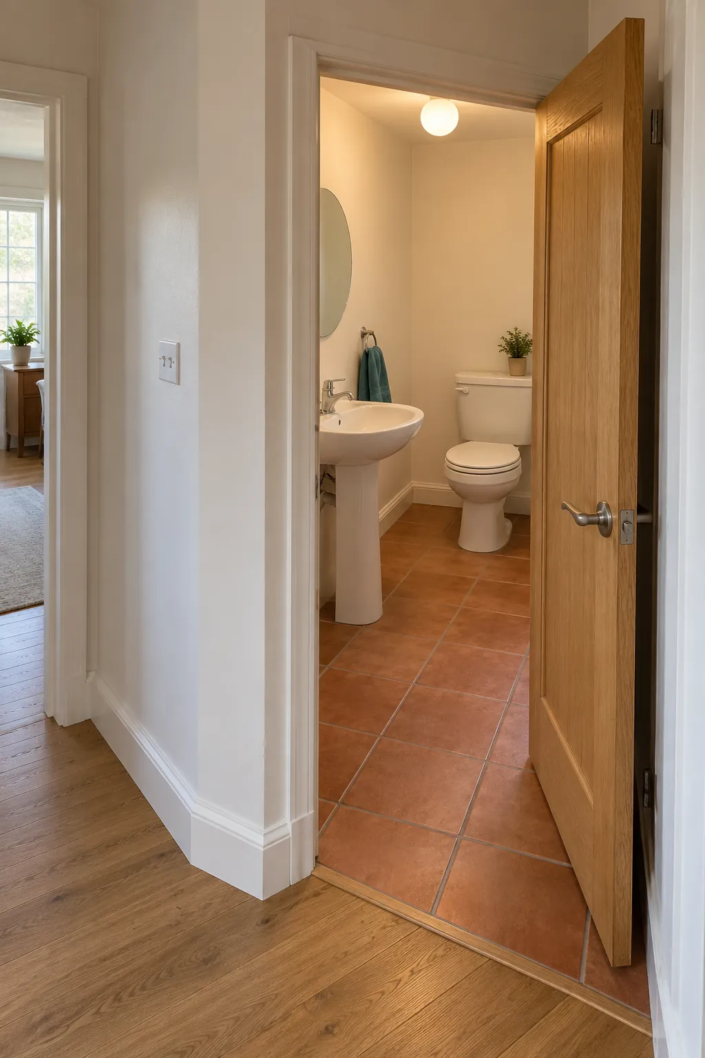 Photograph an angled corner bathroom entrance as a real small architectural change, revealing the sloping wall face and the floor it consumes.