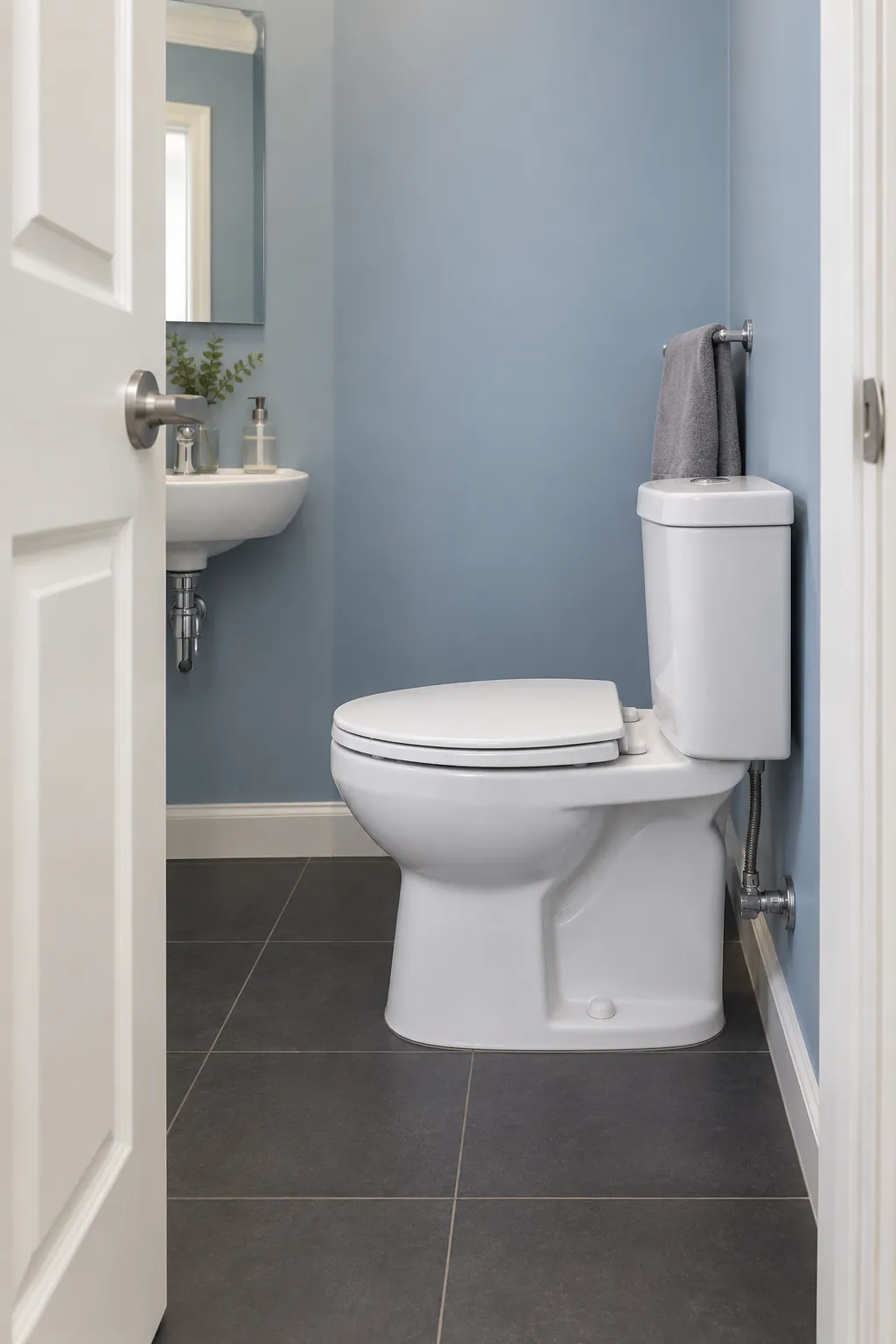 Show a short projection toilet in profile near a door, making the actual front to back fixture depth and the separate entrance floor visible without numerical claims.