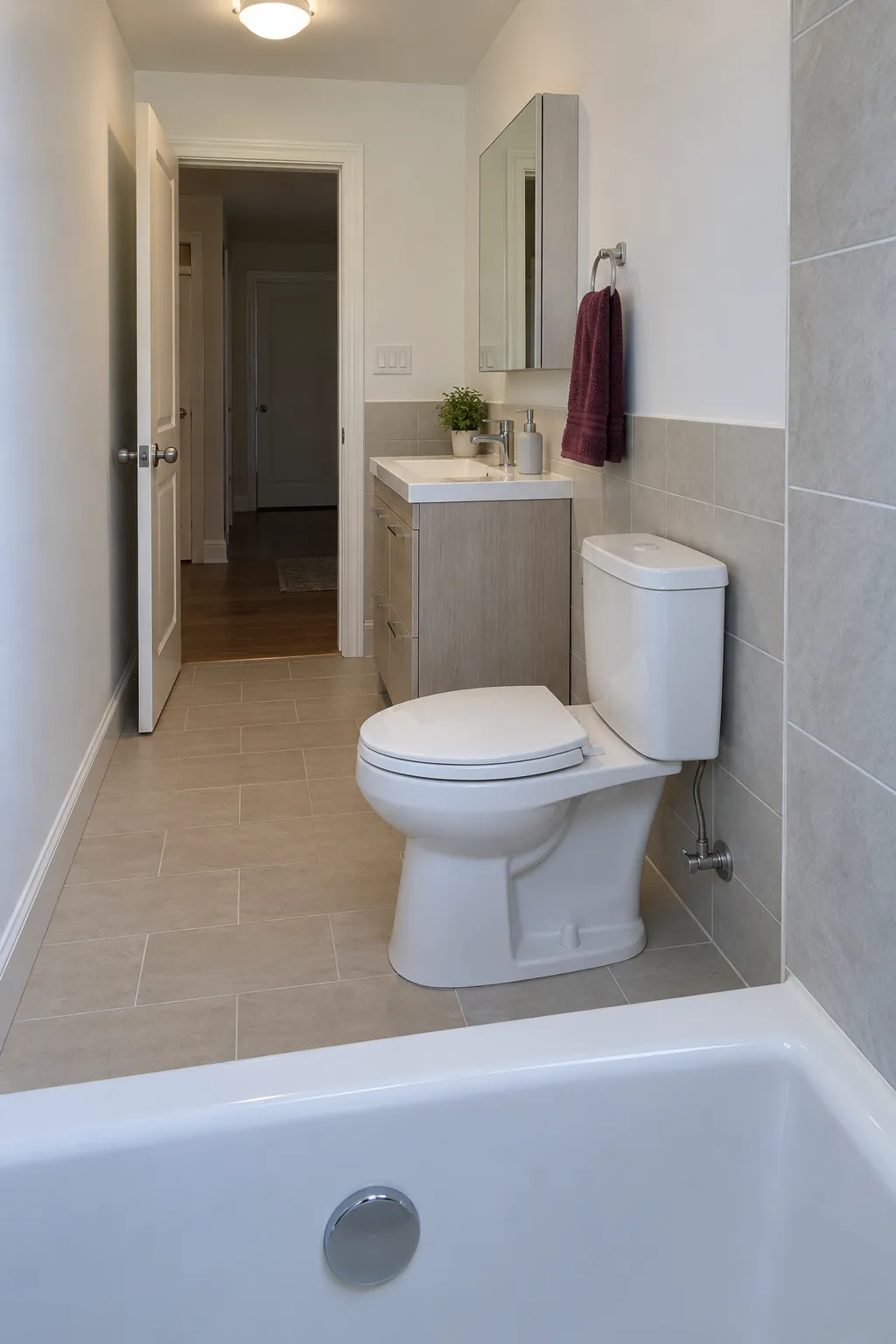 Demonstrate a toilet located deeper along its original service wall, beyond the doorway movement, with the longer route visible from inside the room.