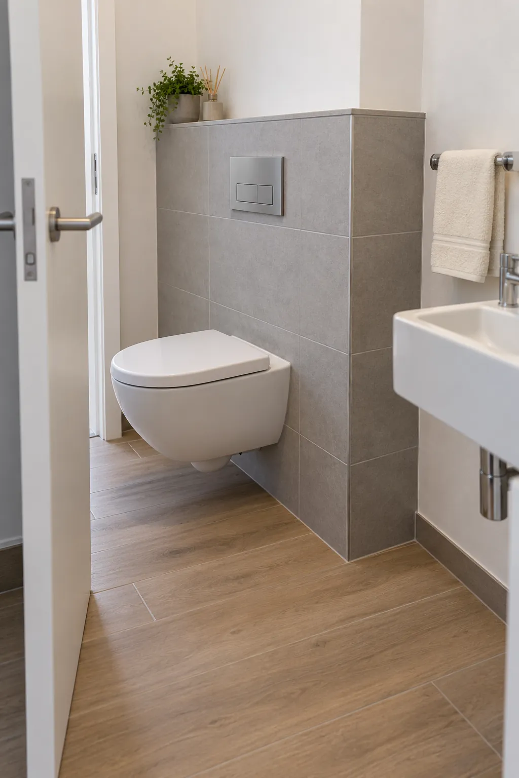 Show a wall hung toilet together with the real depth of its concealed service wall, avoiding the misleading impression that suspended fixtures require no space behind them.