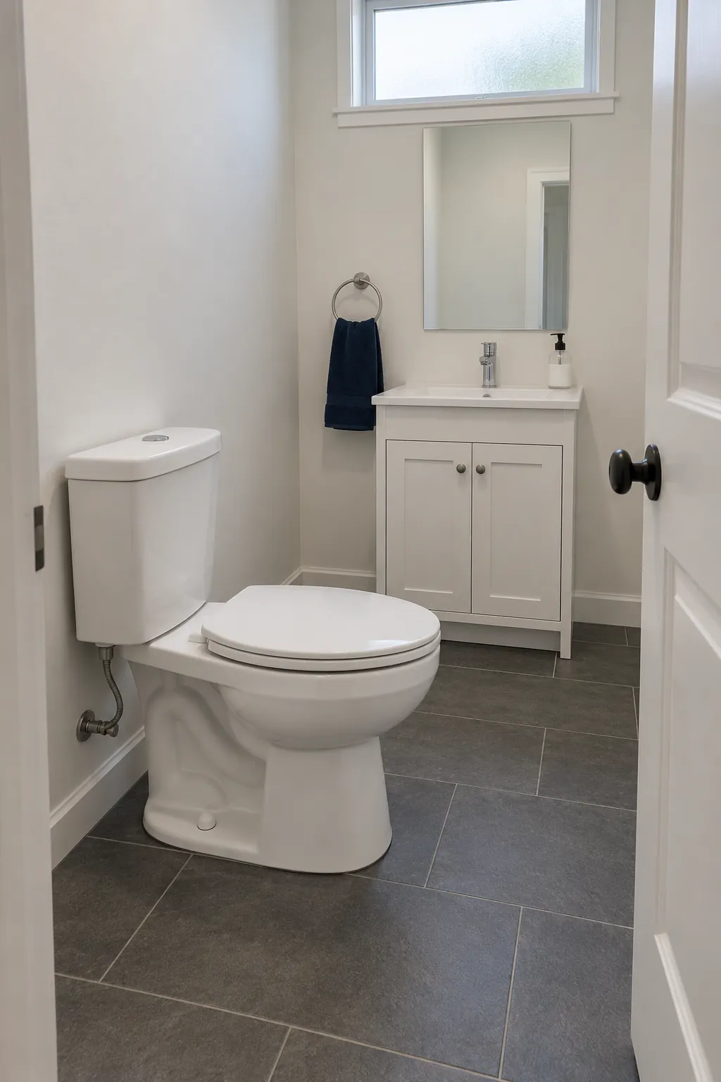 Show a toilet facing across a perpendicular wall arrangement rather than toward the entry door, with the new orientation readable in a modest powder room.