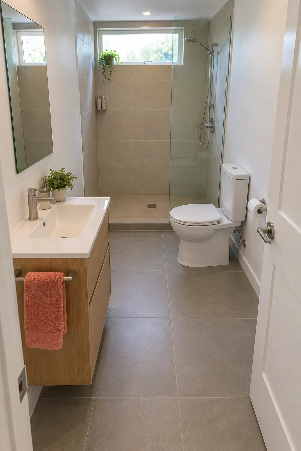 Photograph opposing fixture walls where a toilet occupies the side away from the entry swing and the basin remains staggered to preserve the central route.