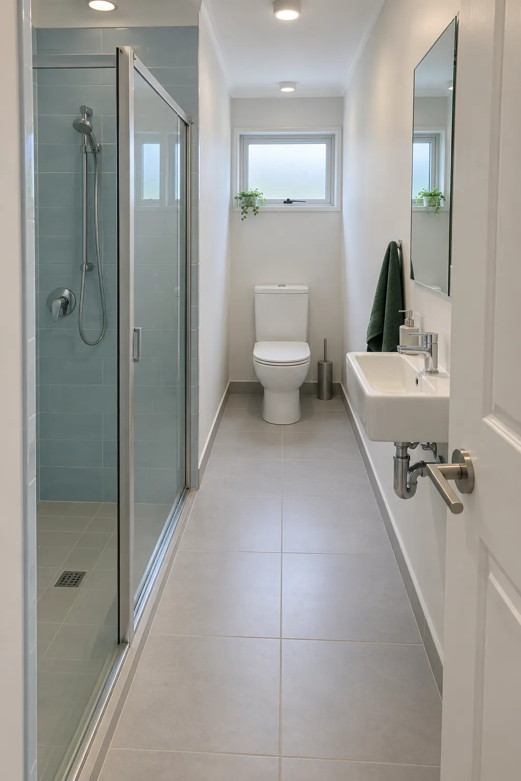 Show a rear toilet zone in a genuinely longer small bathroom, with a visible route past a side shower and a front basin.
