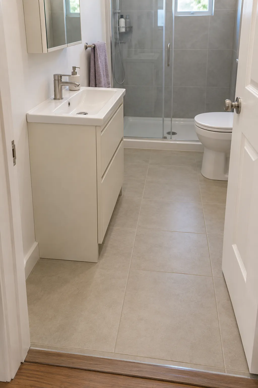 Highlight the extra maneuvering floor beside a shallow vanity near an entrance, showing a supportive cabinet change rather than pretending that it alters the toilet itself.