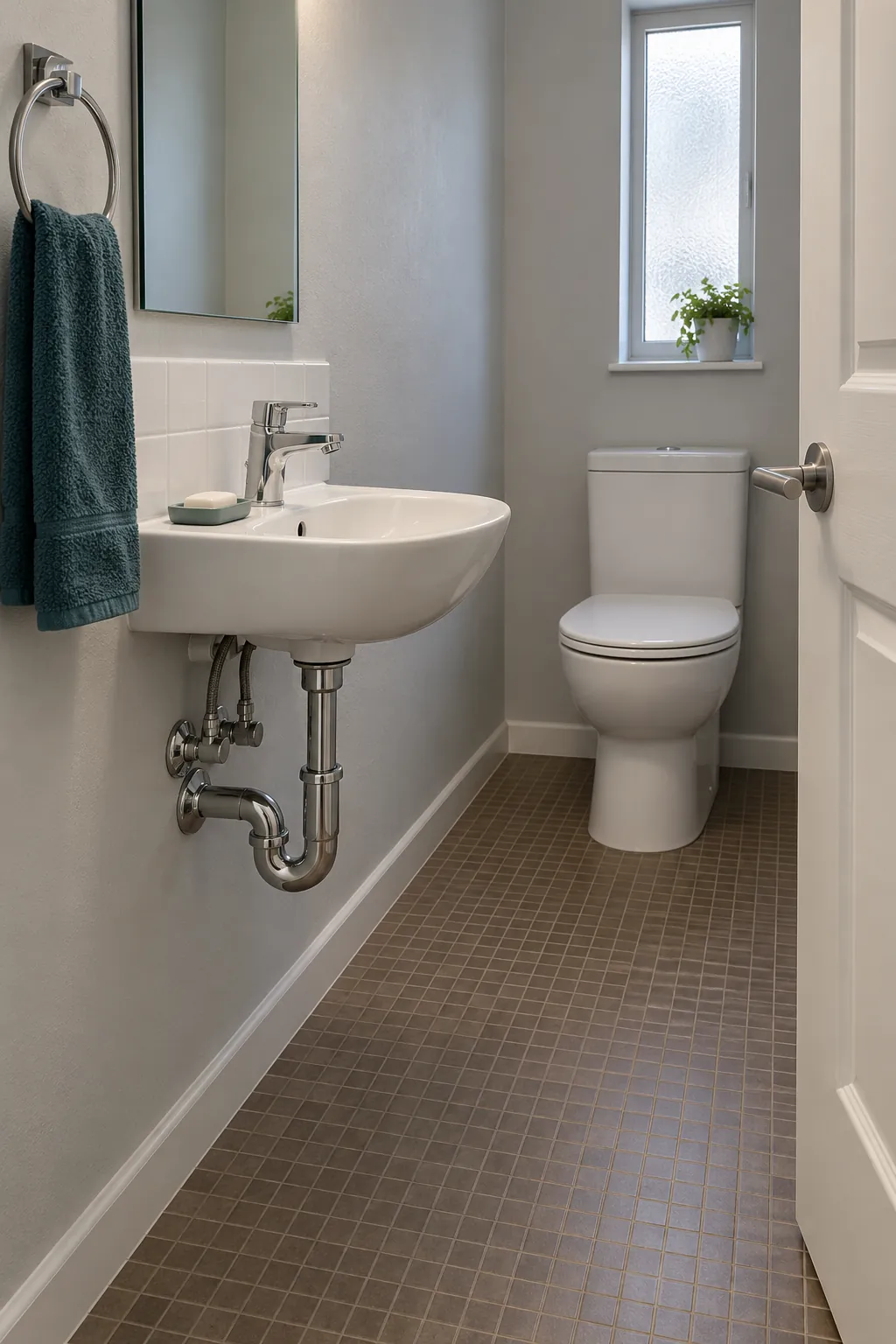 Show a compact wall mounted basin and its open underside near the entry, making the reduced cabinet bulk and real remaining bowl projection visible.