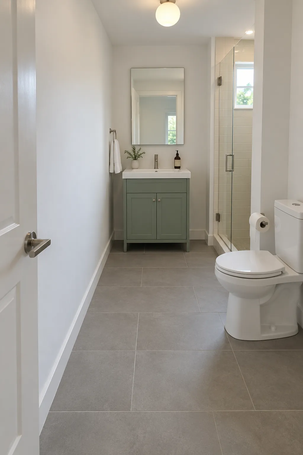 Show a vanity located on the far wall, leaving the near entry wall empty for an inward door to rest against.