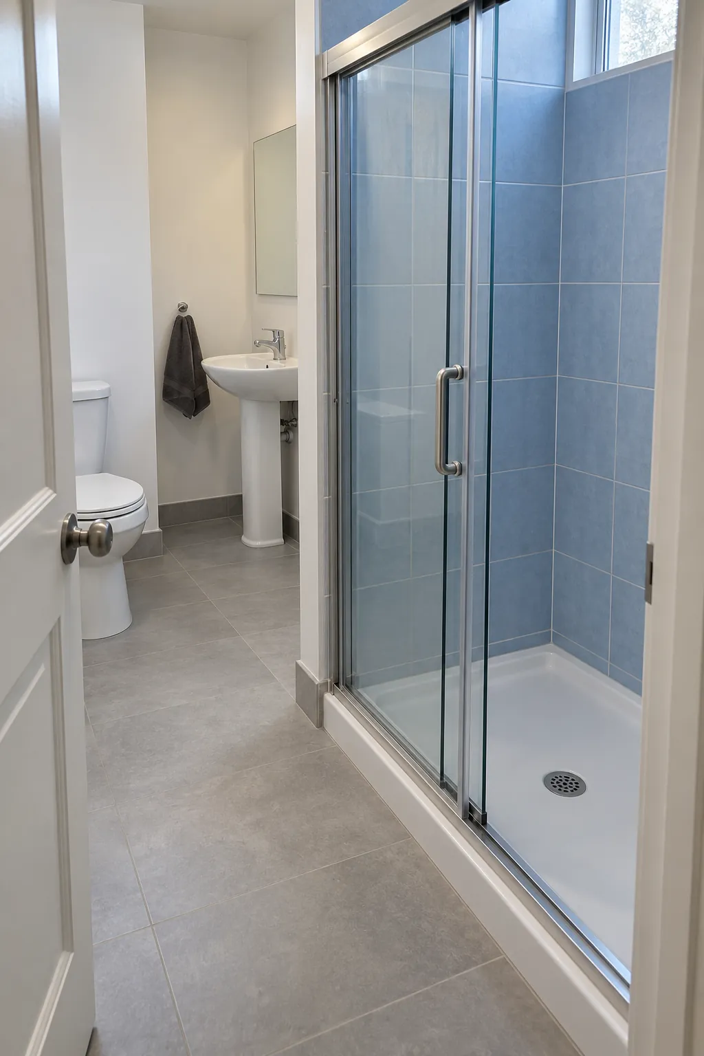 Make a shower enclosure’s revised sliding entry visible near the bathroom entrance, demonstrating how a second projecting door can be removed from a crowded approach.