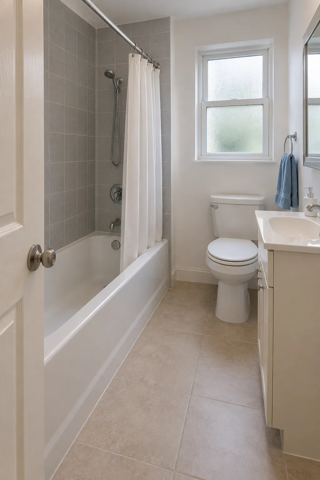 Photograph a bath with a simple curtain near an inward entry, showing the absence of a projecting hinged bath screen and a clear tub approach.