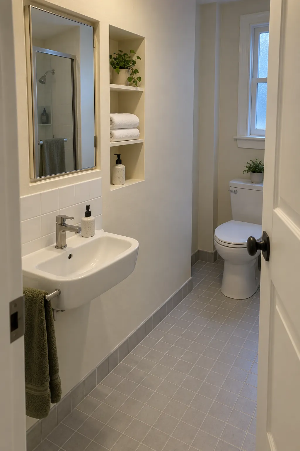 Show recessed wall storage keeping the entrance closing space free of a freestanding unit, with the recess and dry floor visible in one real photograph.