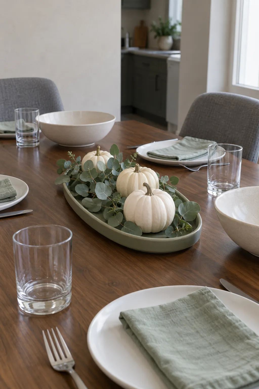 A Thanksgiving table with a short contained eucalyptus accent and small white pumpkins, leaving gaps for food.
