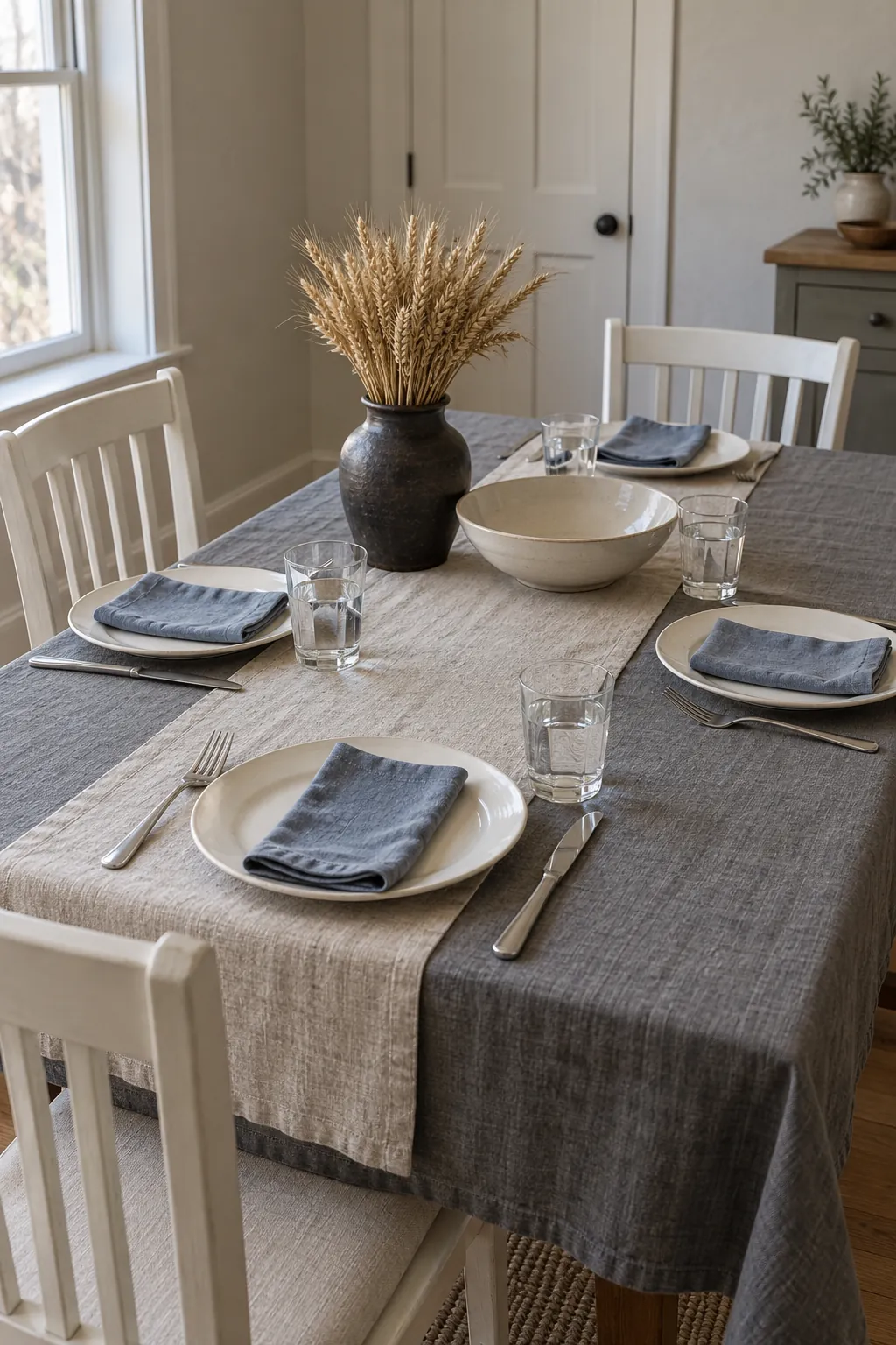 A Thanksgiving table with layered neutral linen and a short wheat bundle, illustrating texture with clear sightlines.
