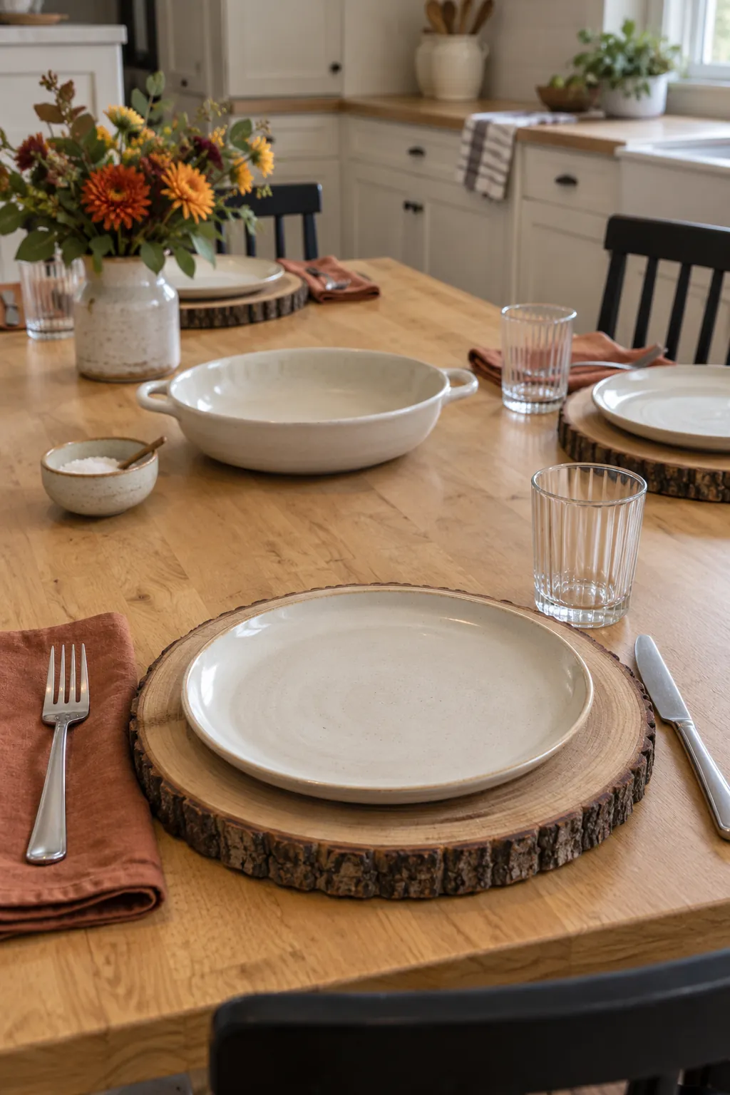 A natural Thanksgiving place setting with a smooth wood slice charger beneath proper stoneware dinnerware.