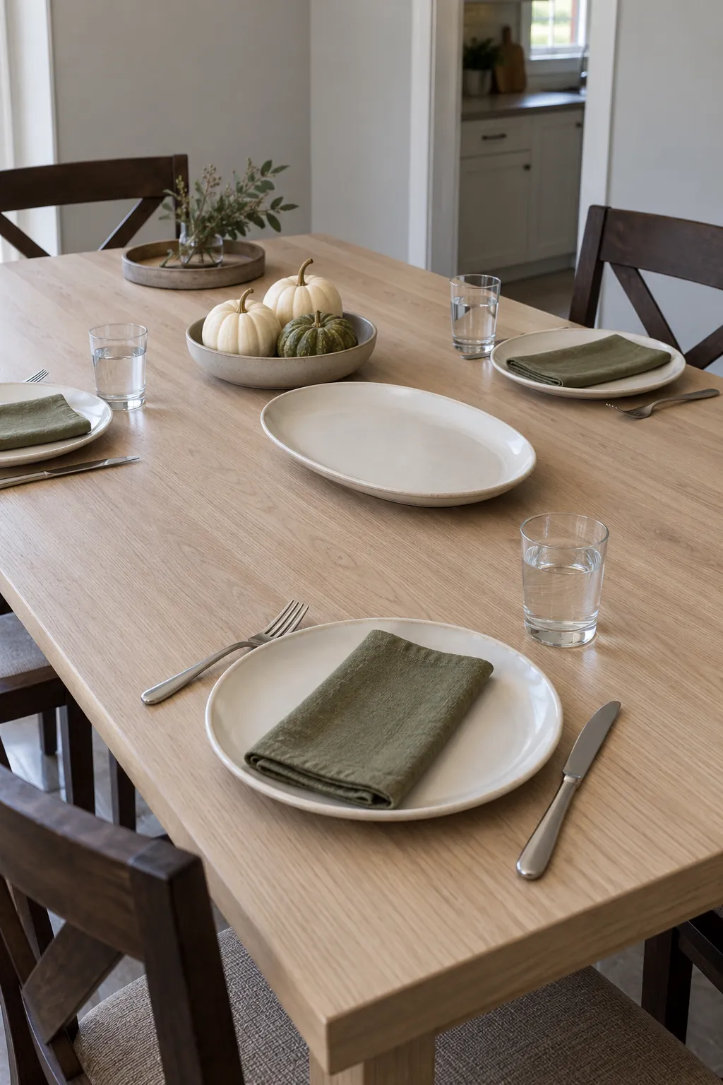 Natural Thanksgiving table with linen and contained gourds