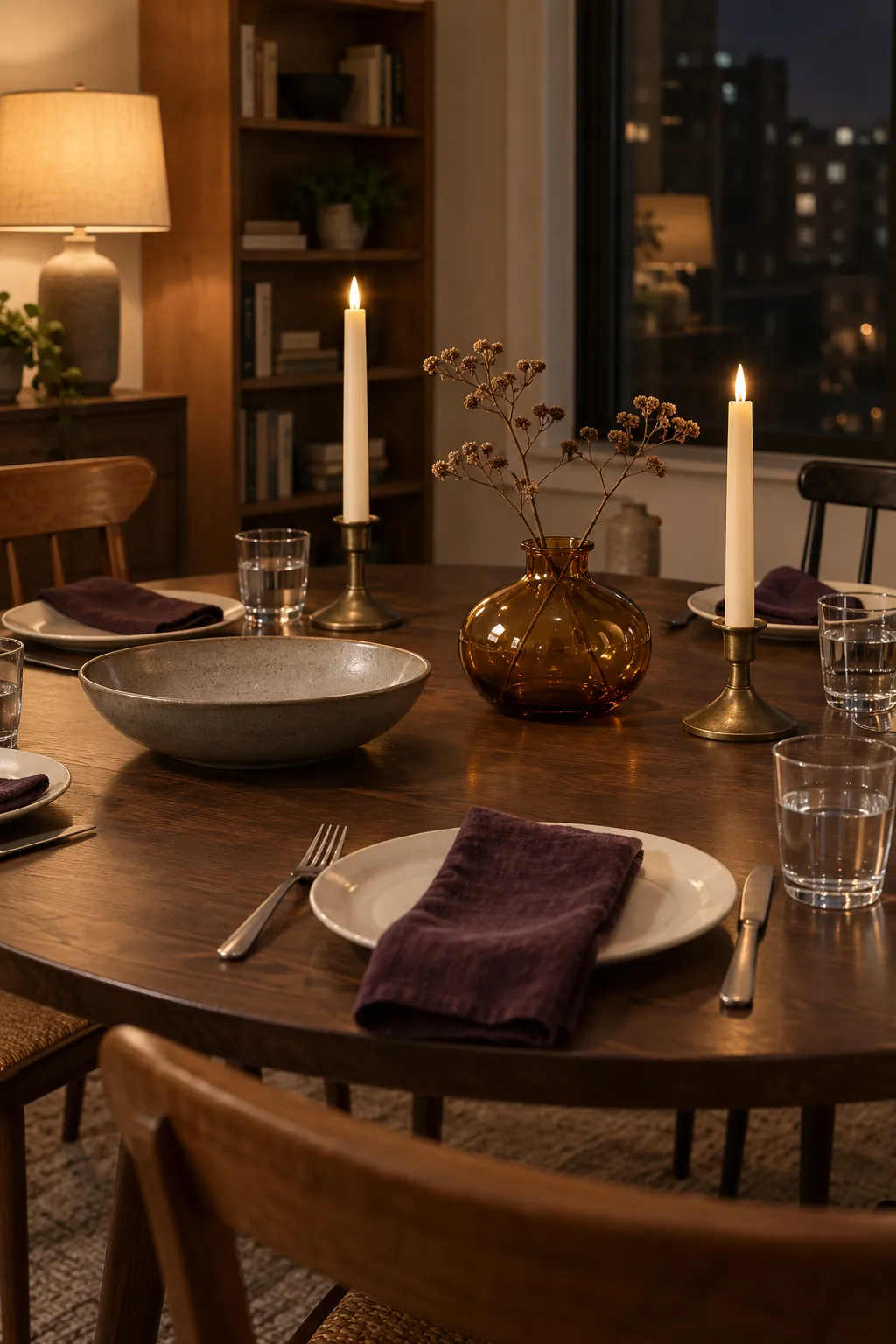 A natural evening Thanksgiving arrangement with one amber branch vase and stable battery taper lights.