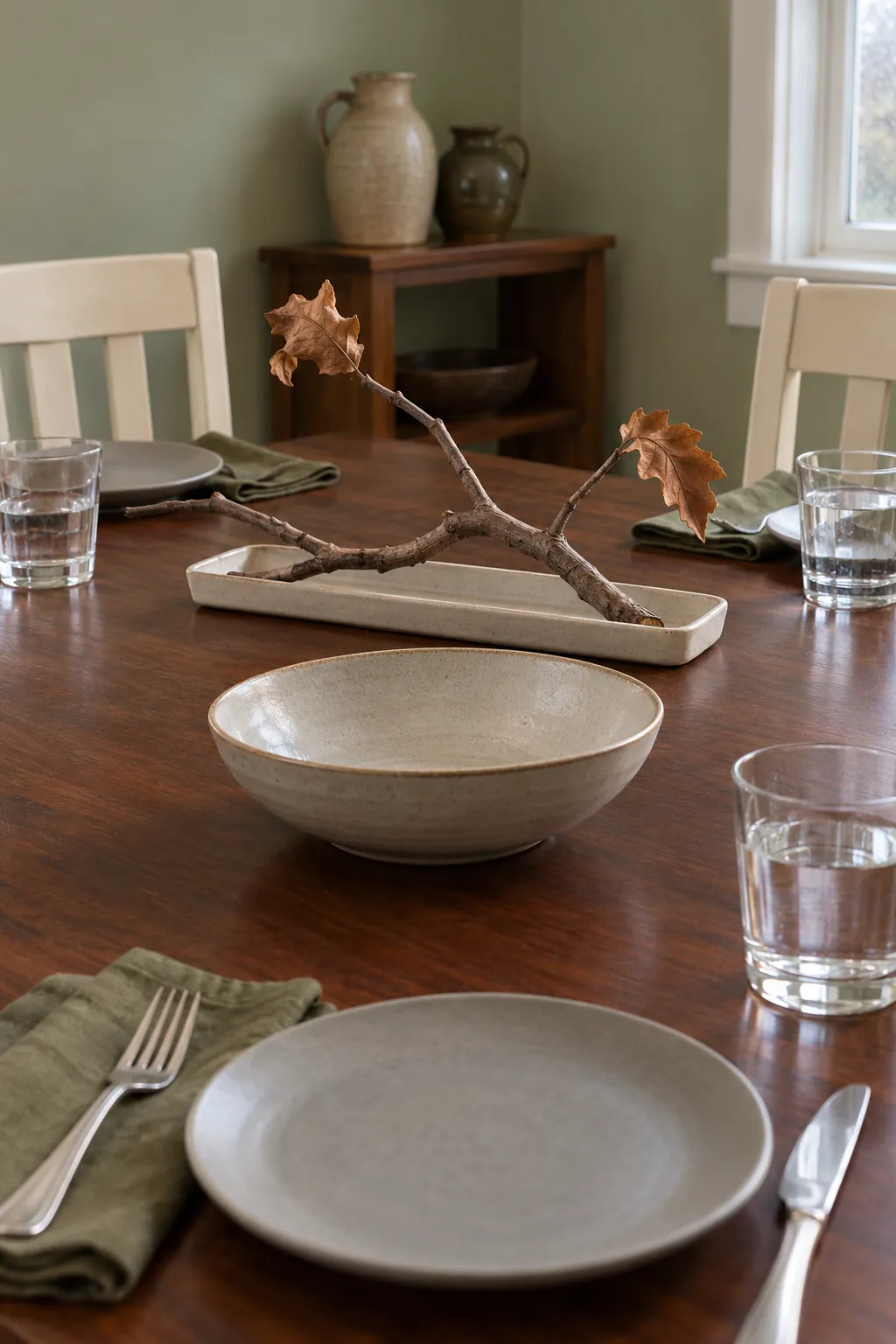 A contained foraged branch arrangement for a natural Thanksgiving table, with the shallow tray clearly visible.