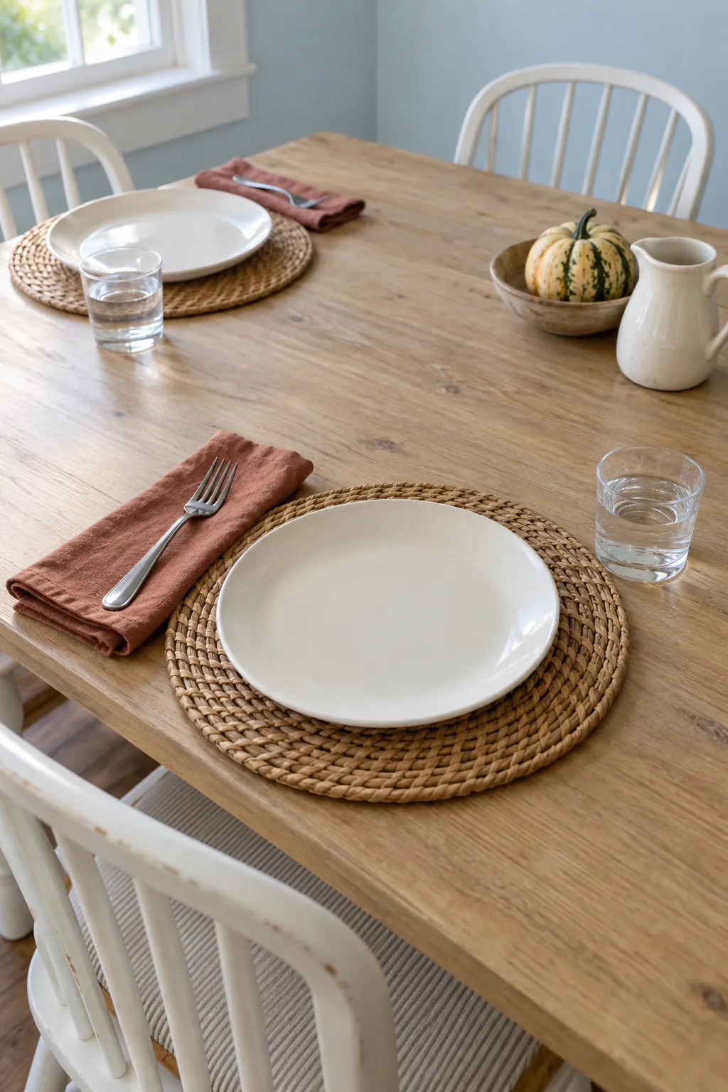 A Thanksgiving place setting combining flat woven rattan mats with clay colored cloth napkins.