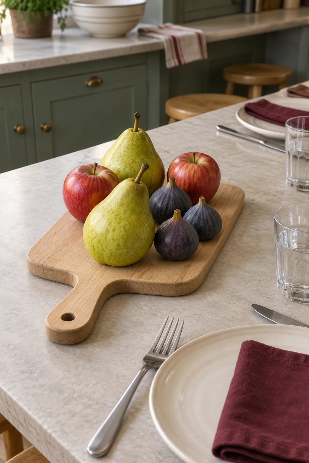 A natural Thanksgiving fruit display on a clean usable breadboard, with whole fruit and clear dining context.