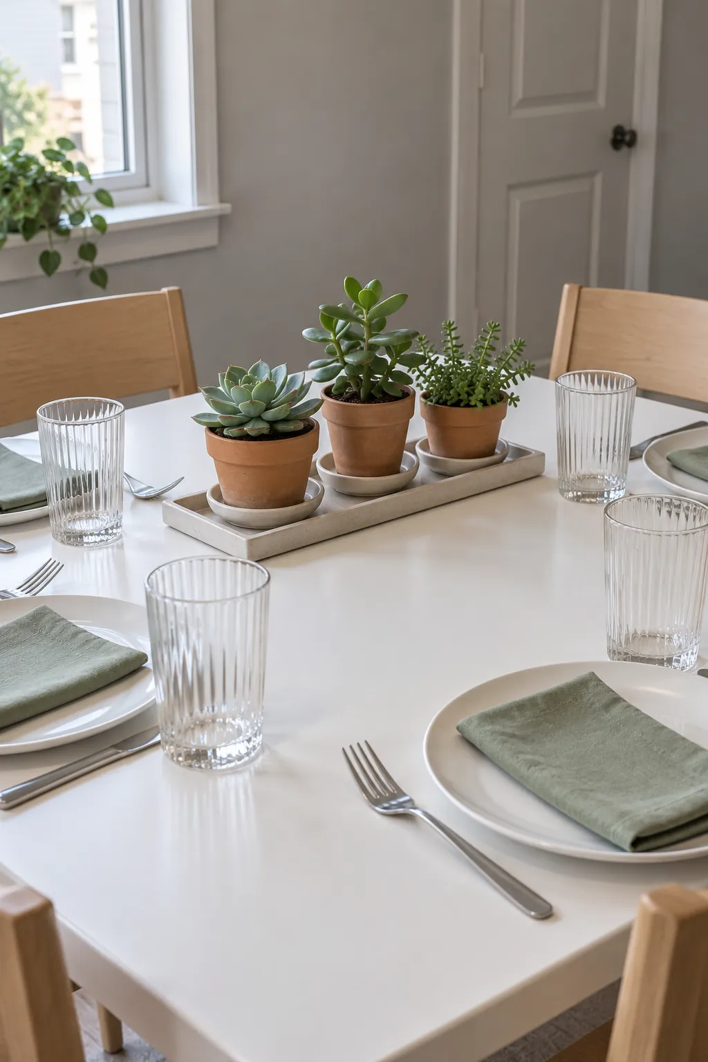 Small succulents in terracotta pots with watertight saucers, grouped away from Thanksgiving dinner plates.