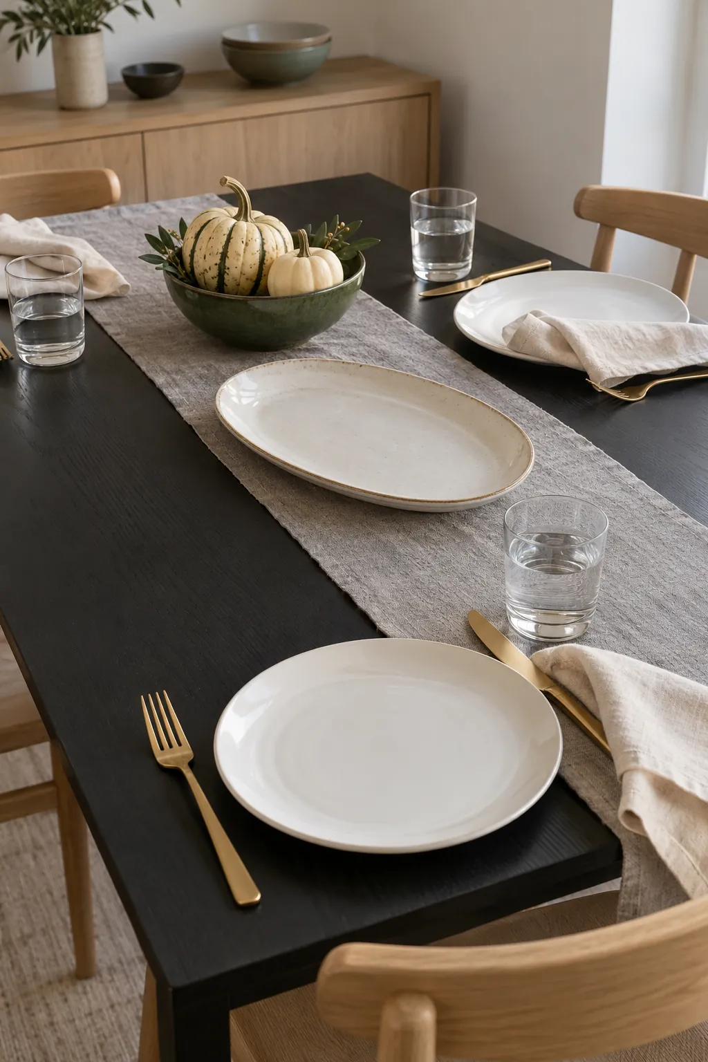 A modern natural Thanksgiving setting with a soft linen runner and food service gold colored utensils.