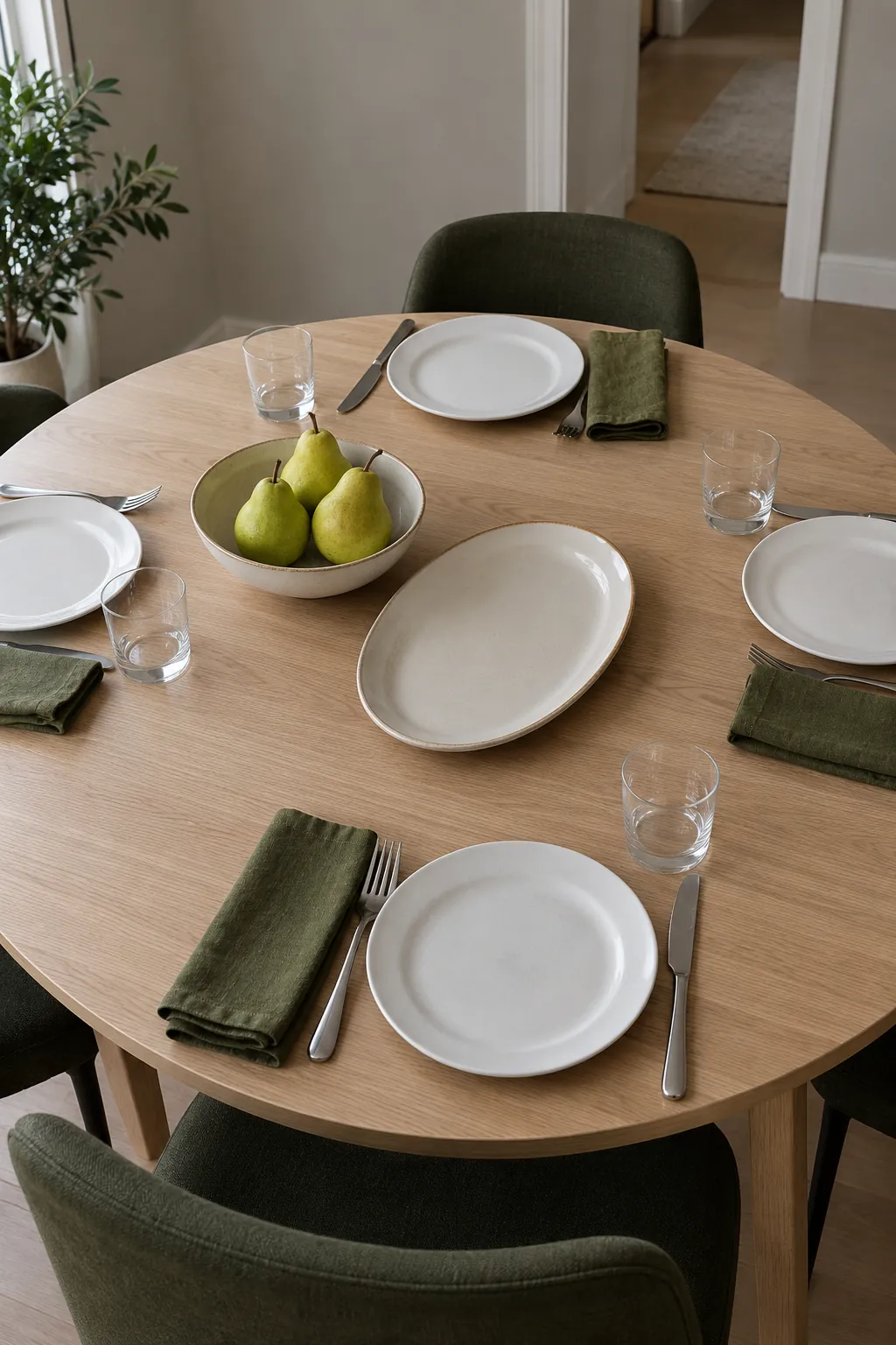 Whole pears and olive green linen create a small natural Thanksgiving arrangement with space for dinner.