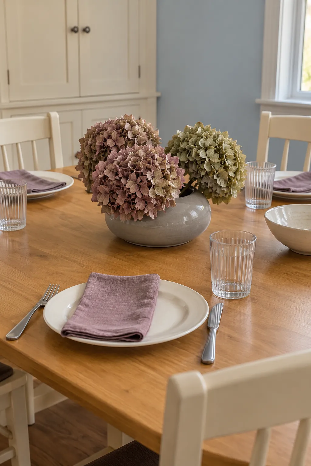 A short dried hydrangea centerpiece with clear sightlines and no flames near the fragile botanical material.