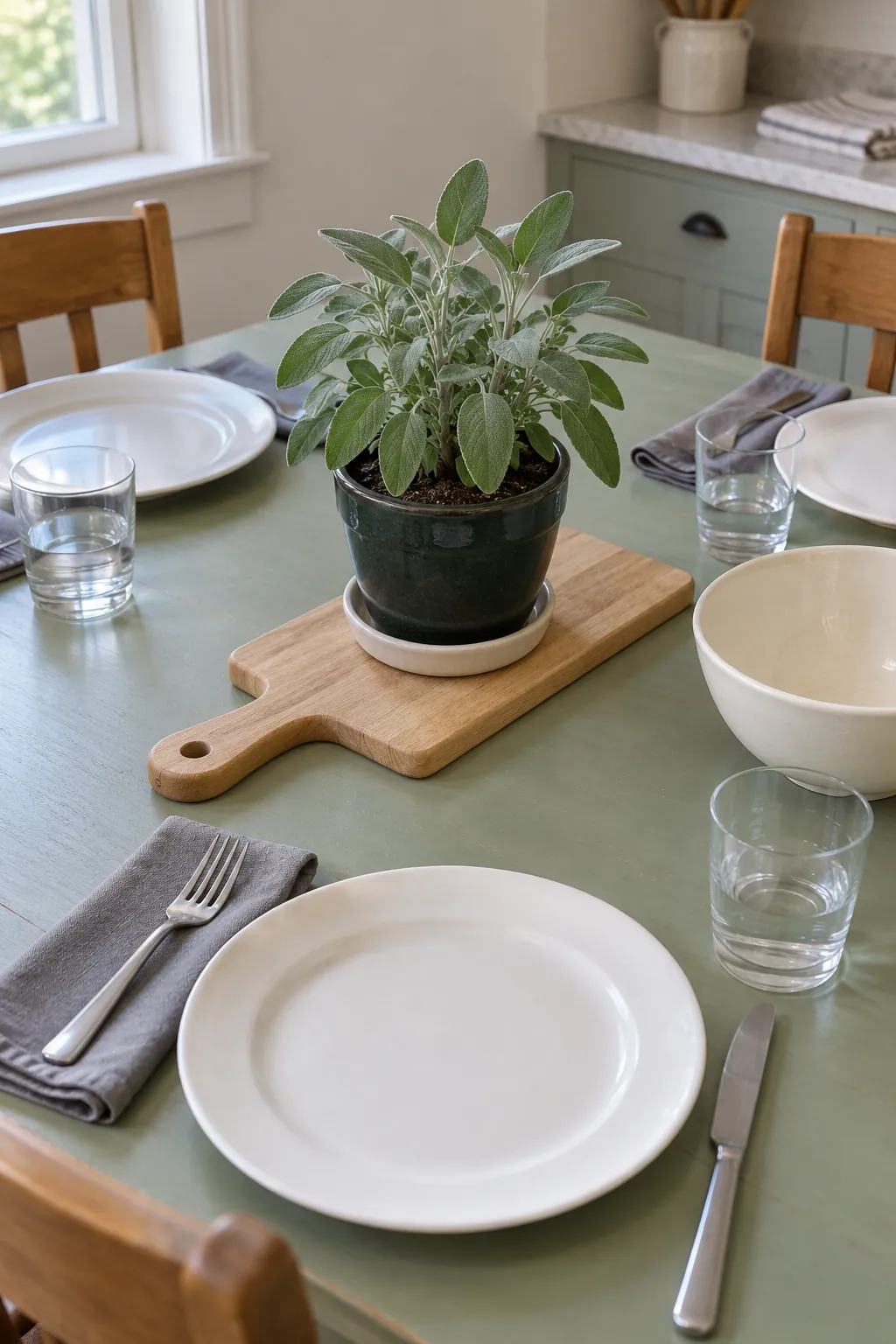 A contained sage plant on a central board with its saucer visible, adding soft green texture to a Thanksgiving table.
