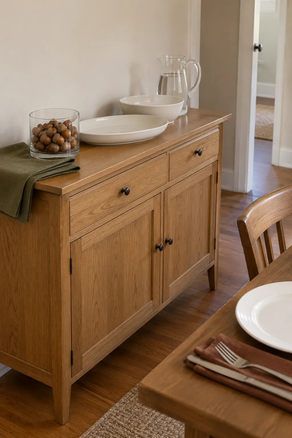 A small clear vessel containing acorns on a Thanksgiving buffet, keeping tiny natural objects off dinner plates.