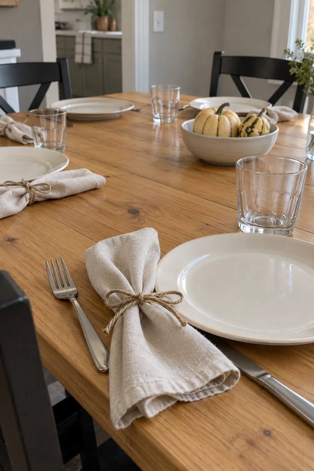 A natural Thanksgiving napkin detail with clean twine loosely tied around soft cotton, kept away from food.