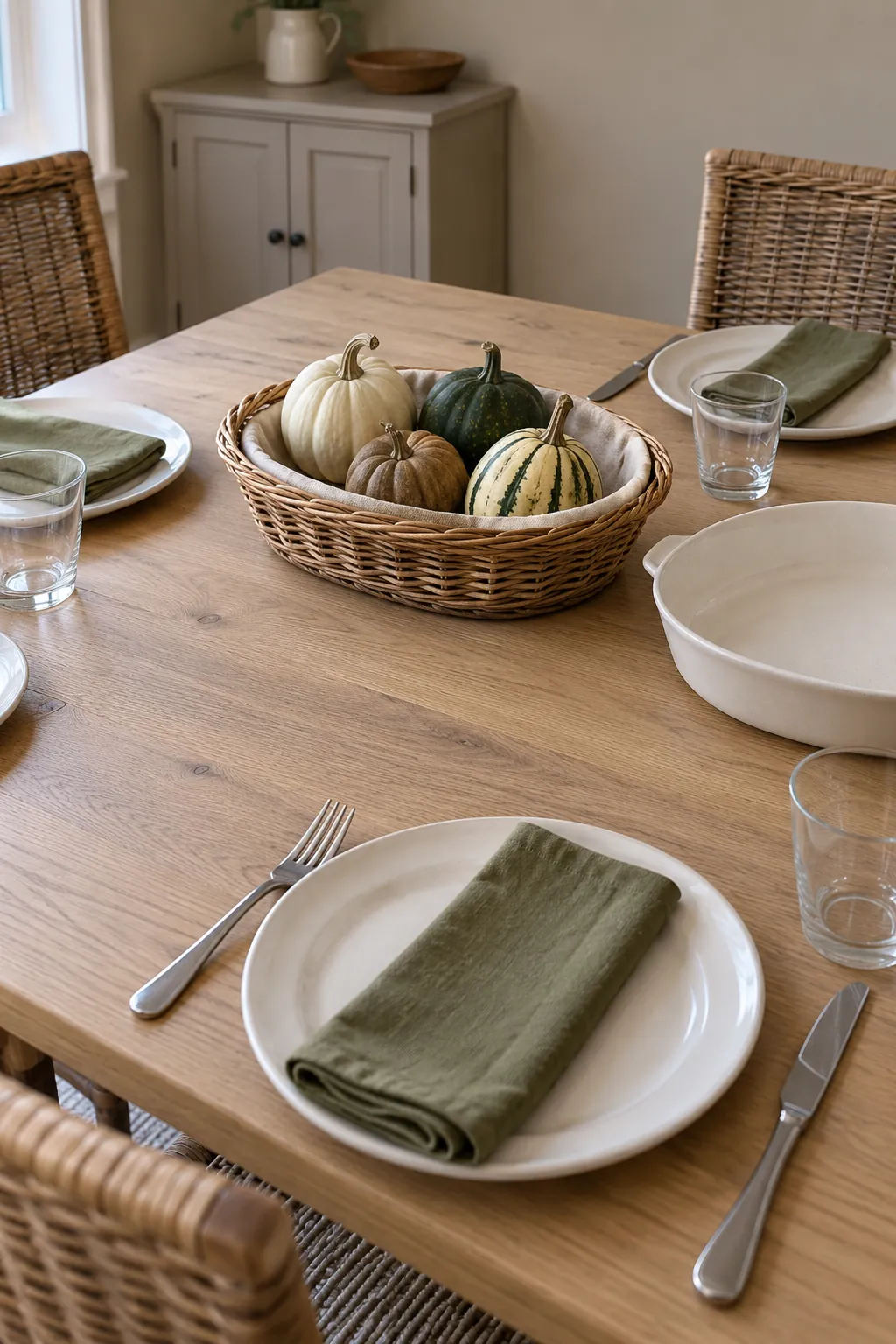 A shallow willow basket groups small Thanksgiving gourds into one practical moveable accent.