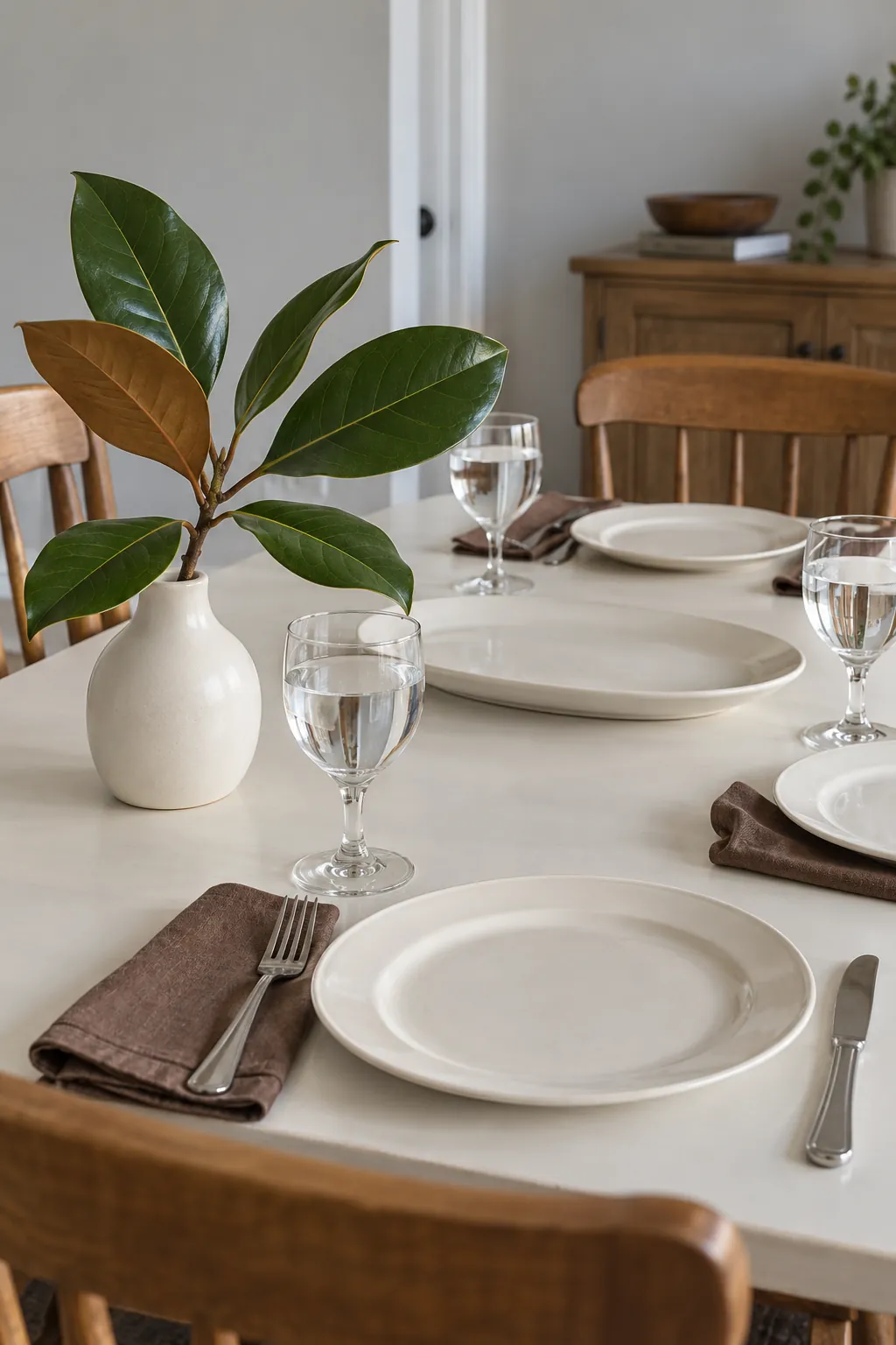 A short magnolia stem adds broad leaf texture to a plain Thanksgiving table without crowding glasses.