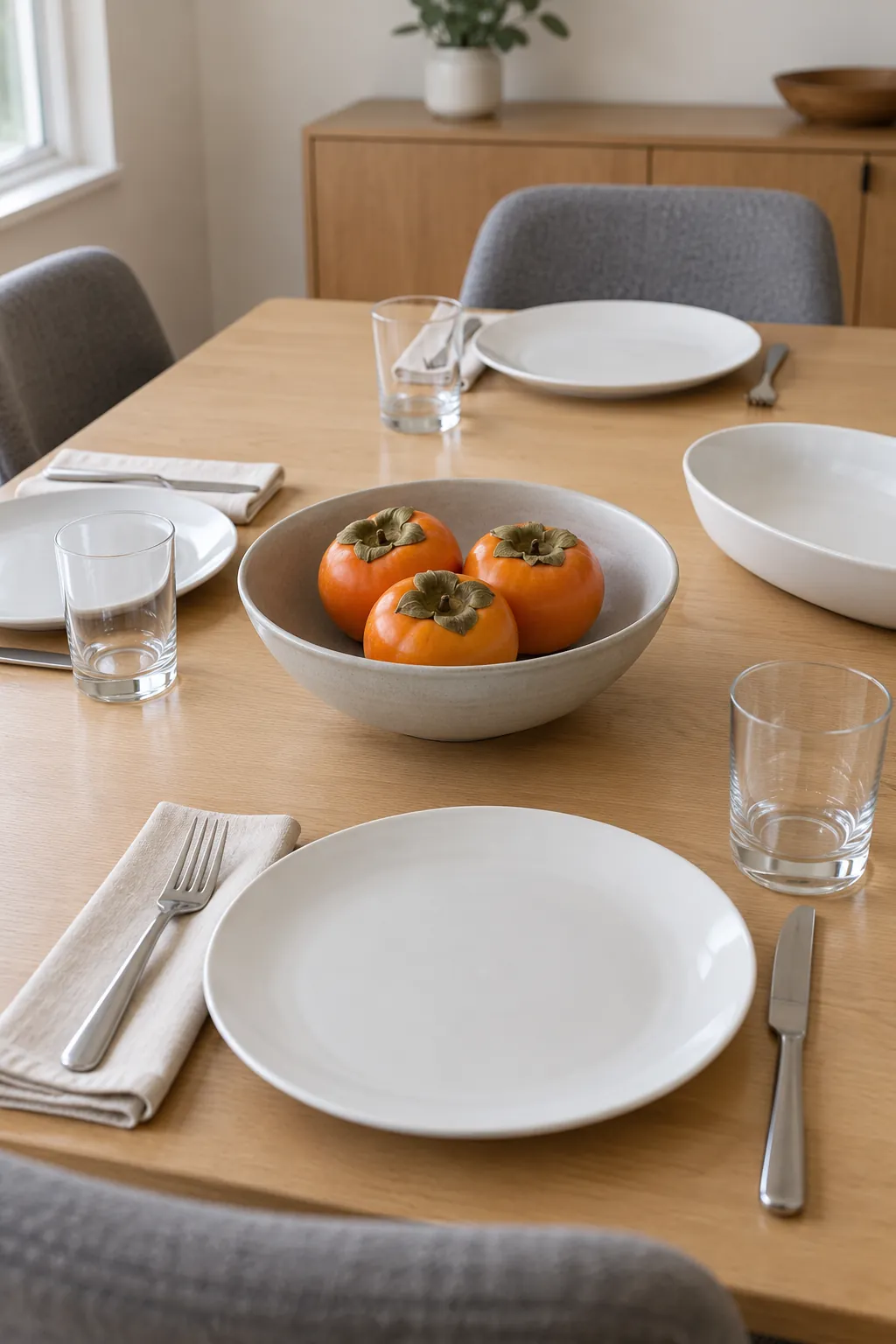 Whole persimmons provide a small autumn color accent in a neutral Thanksgiving bowl.