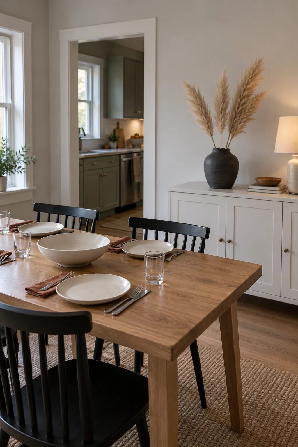 Natural Thanksgiving decoration stays on a sideboard while the dinner table remains open and usable.