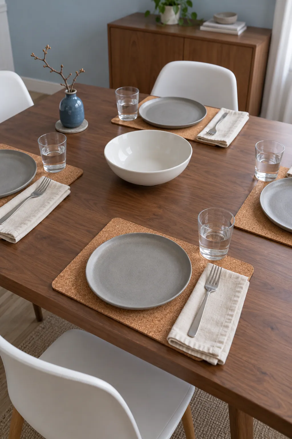 A reusable natural Thanksgiving setting with cork mats, washable linen, and a small twig vase.