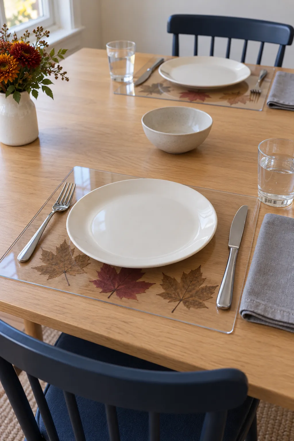 Pressed autumn leaves remain enclosed beneath a flat clear placemat at a Thanksgiving setting.