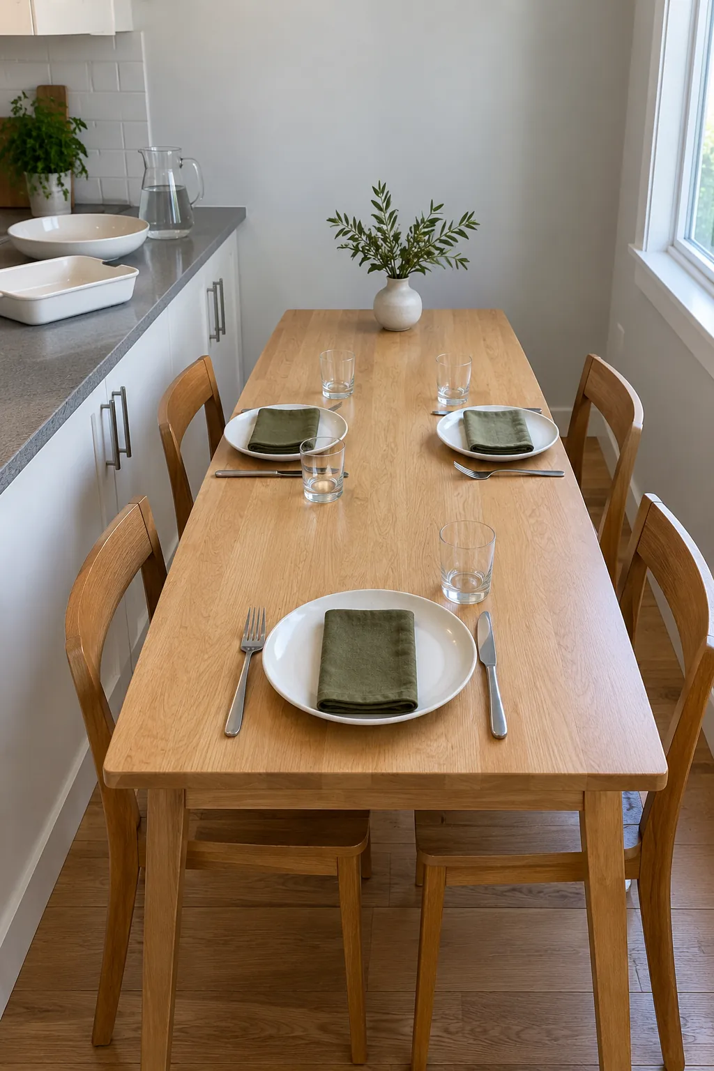 A narrow natural Thanksgiving table uses one small greenery accent at its end and leaves the main surface clear.