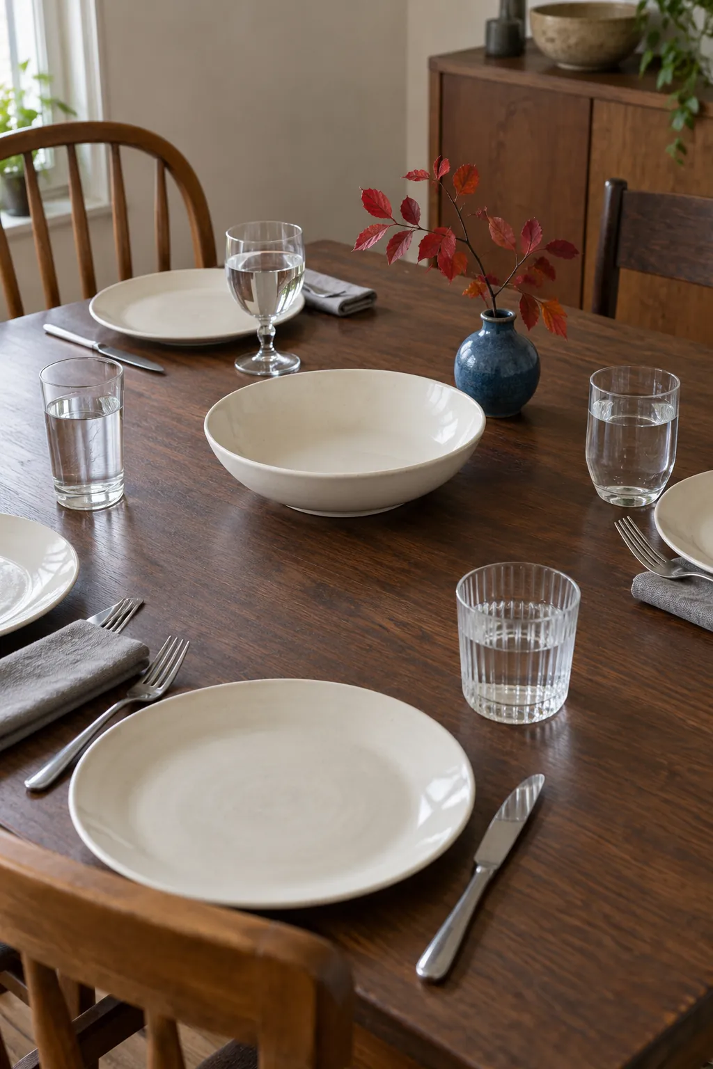 Collected clear drinking glasses accompany one low branch vase on a quiet natural Thanksgiving table.