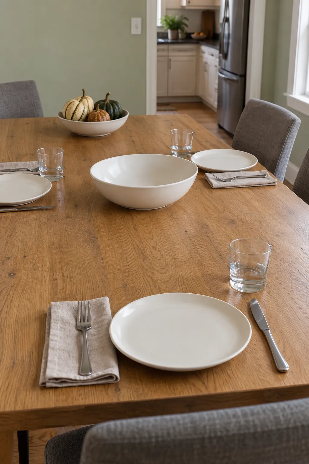Bare wood and one small harvest bowl provide a restrained natural Thanksgiving setting with clear serving room.